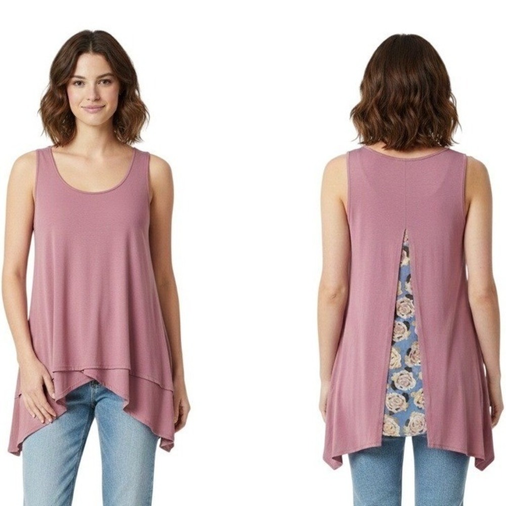 Matilda Jane Tank Top Women XS Pink Mauve Asymmetrical Split Back Floral Layered